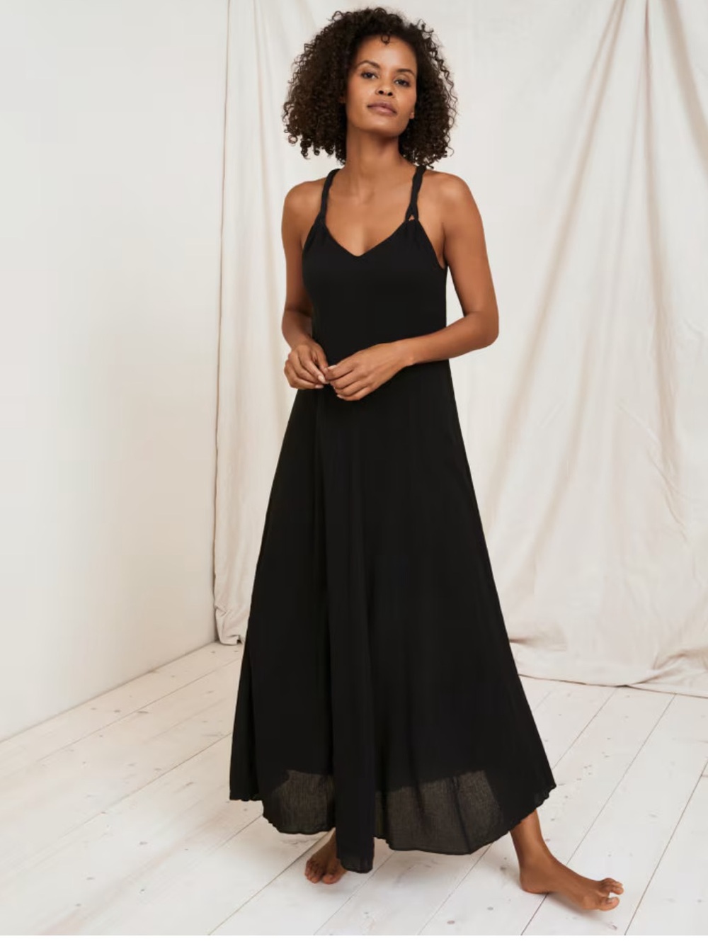 Garnet Hill Black Maxi Slip Dress with Tie Straps Cotton Gauze Long Cover-Up M